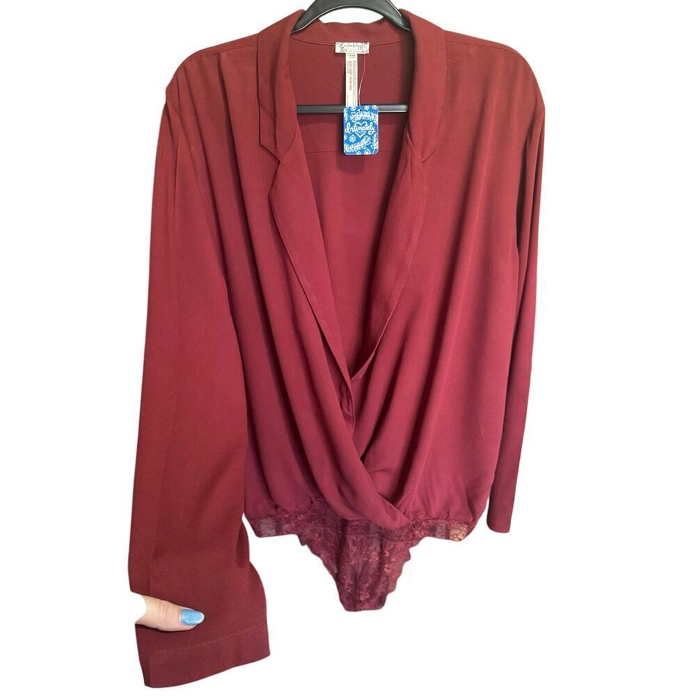 Free People Elsa Bodysuit Surplice Deep V Blouse Burgundy Size Large NWT - Picture 3 of 9